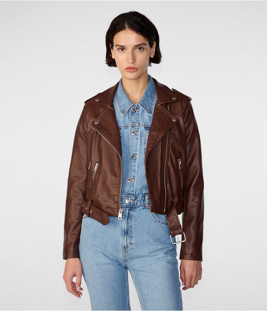 Elegant Women's Chocolate Brown Biker Leather Jacket