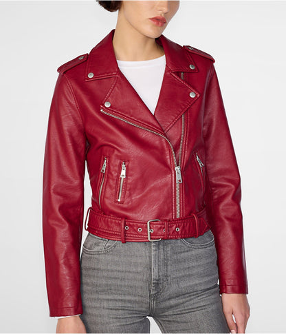 Stylish Women's Wine Red Biker Leather Jacket