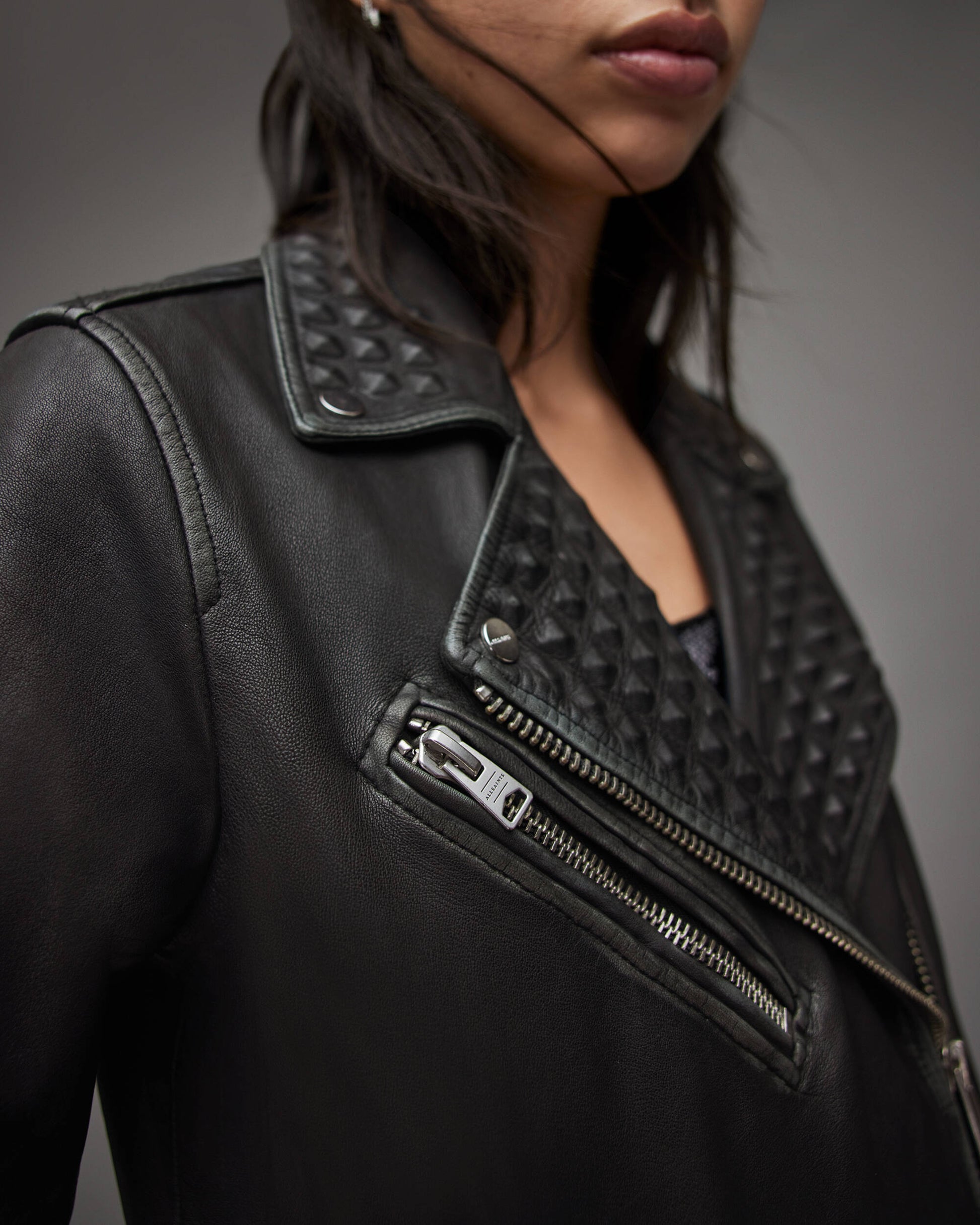 Women's Studded Black Biker Leather Jacket With Belt