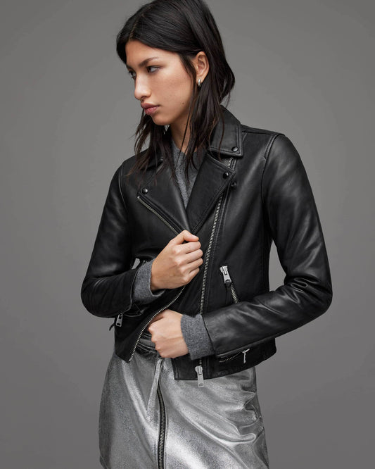 Chic Women's Black Leather Biker Jacket with Belt