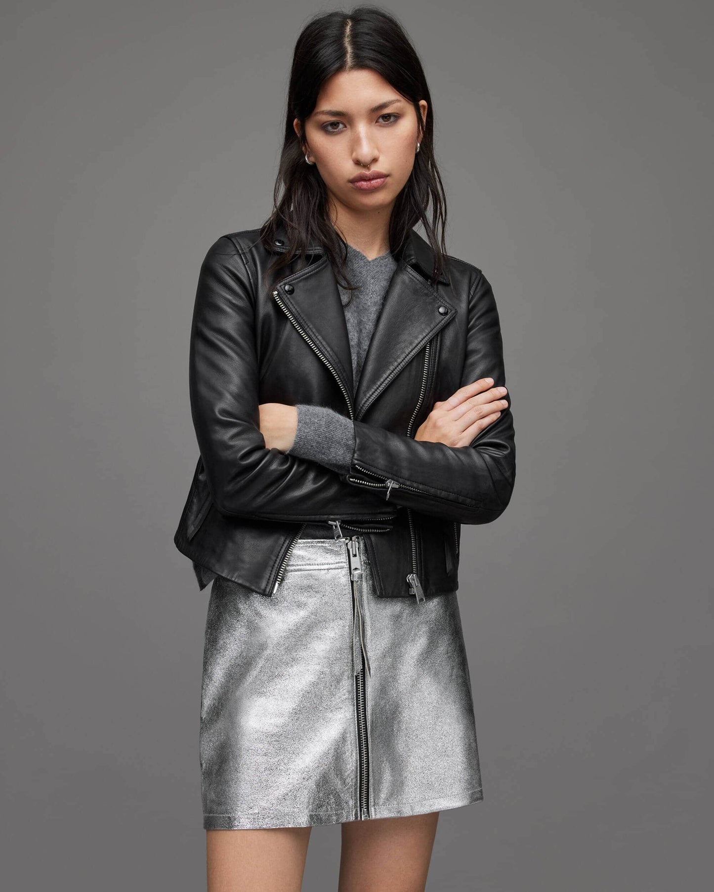 Chic Women's Black Leather Biker Jacket with Belt