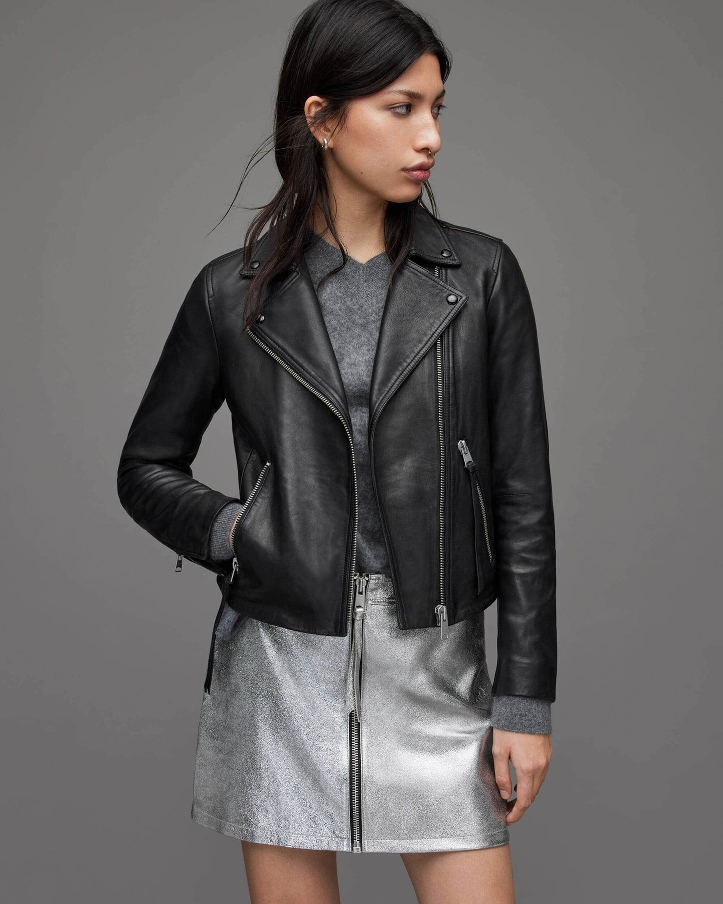 Chic Women's Black Leather Biker Jacket with Belt