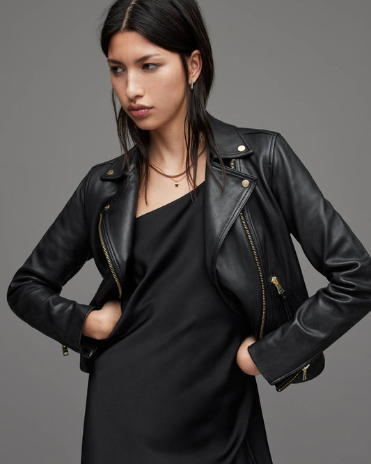 Chic Women's Black Leather Biker Jacket with Gold Tone Zippers