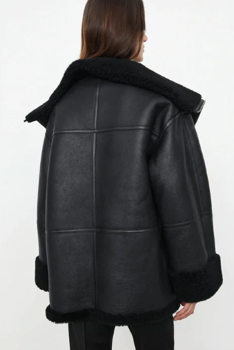  Women's Oversized Black Sheepskin Bomber Leather Jacket