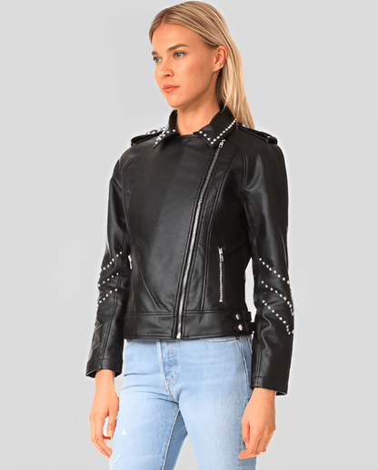 Women's Black Studded Leather Biker Jacket - Edgy & Elegant