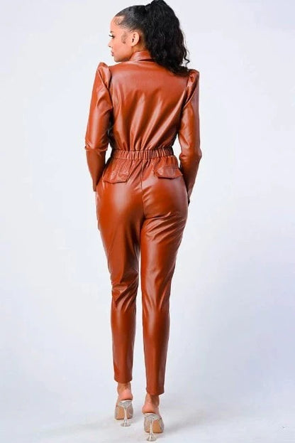 Women's Brown Leather Jumpsuit