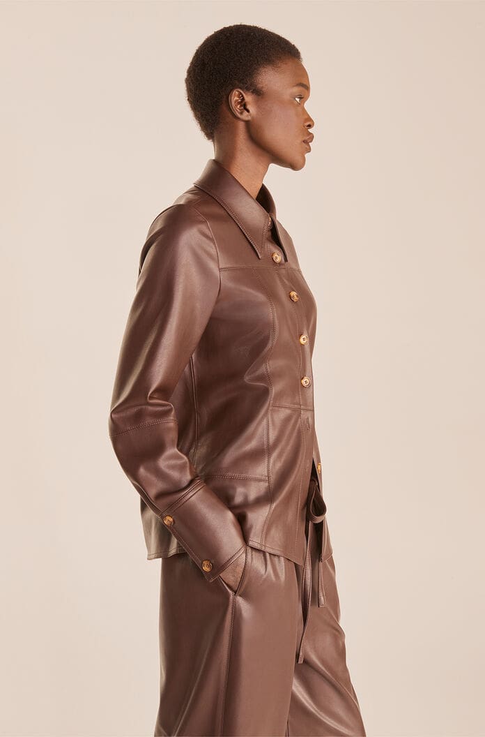 Women's Stylish Chocolate Brown Leather Shirt with Gold Buttons