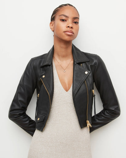 Chic Women's Black Cropped Leather Biker Jacket