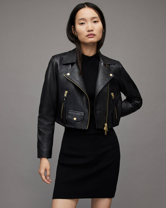 Sleek Women's Black Cropped Leather Biker Jacket