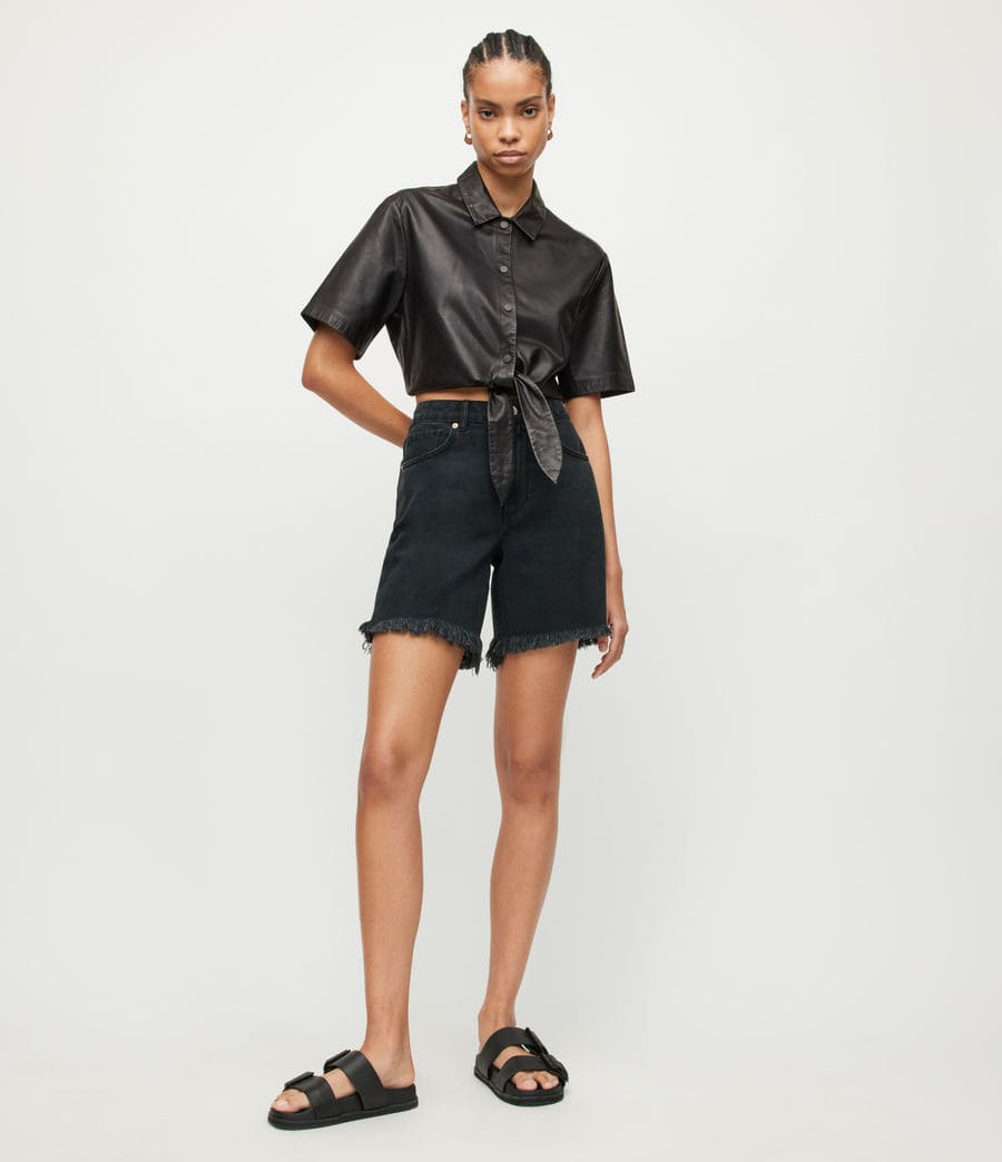 Women's Stylish Black Cropped Leather Shirt