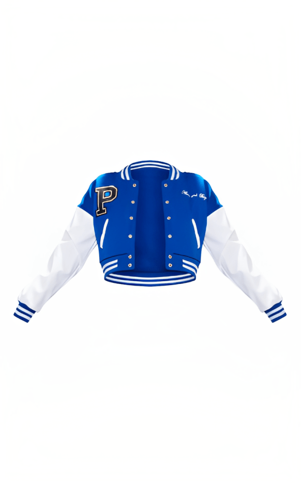 Women's Cropped Varsity Bomber Leather Jacket with Blue