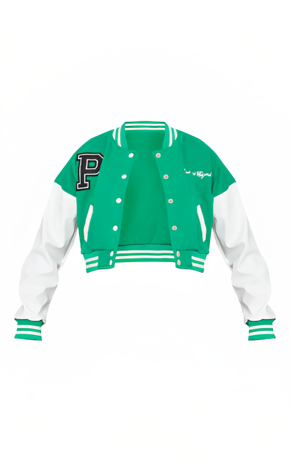  Trendy Women's Green Cropped Varsity Bomber Leather Jacket