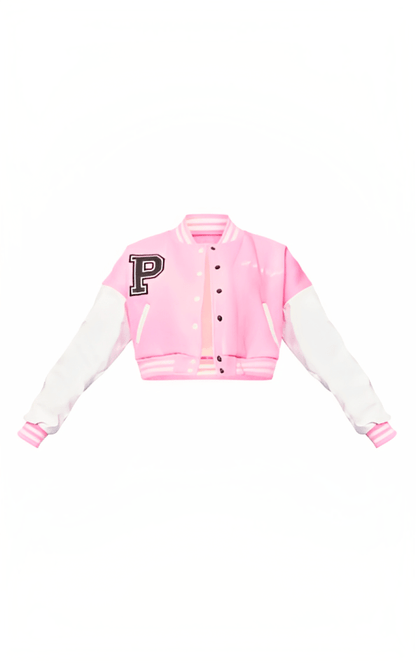 Stylish Women's Pink Cropped Varsity Bomber Leather Jacket