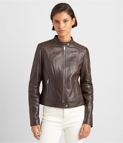 Women's Leather Biker Jacket In Chocolate Brown