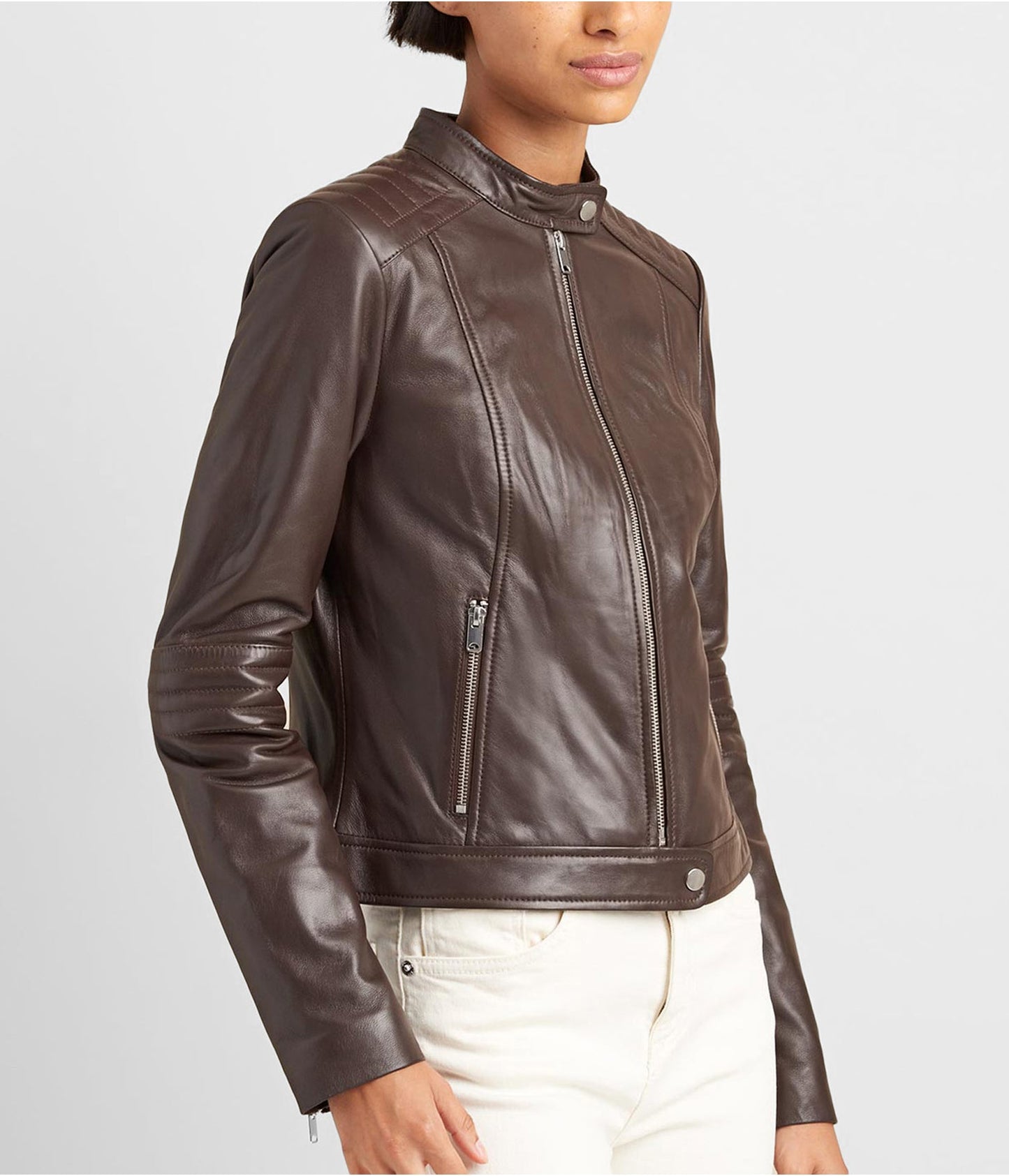 Women's Leather Biker Jacket In Chocolate Brown