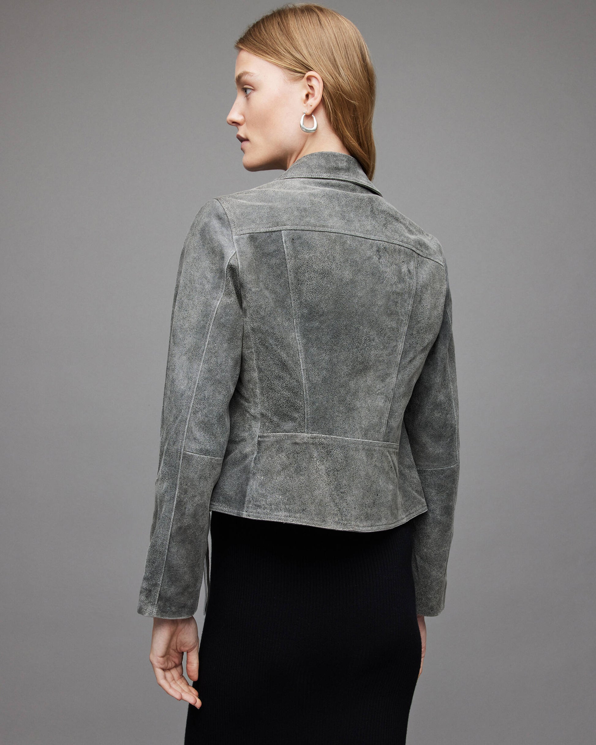 Elegant Women's Gray Suede Leather Biker Jacket