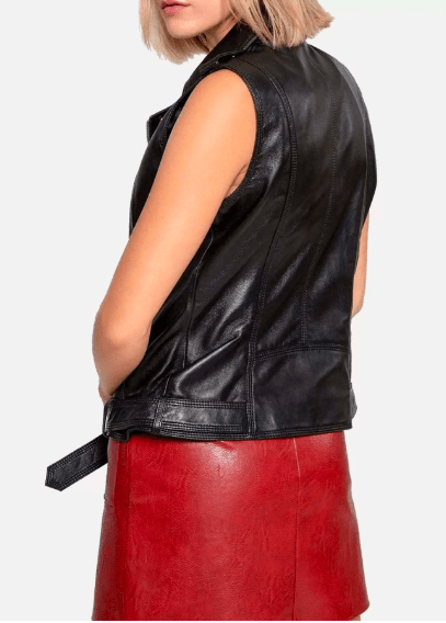 Stylish Women's Black Leather Biker Vest with Belt