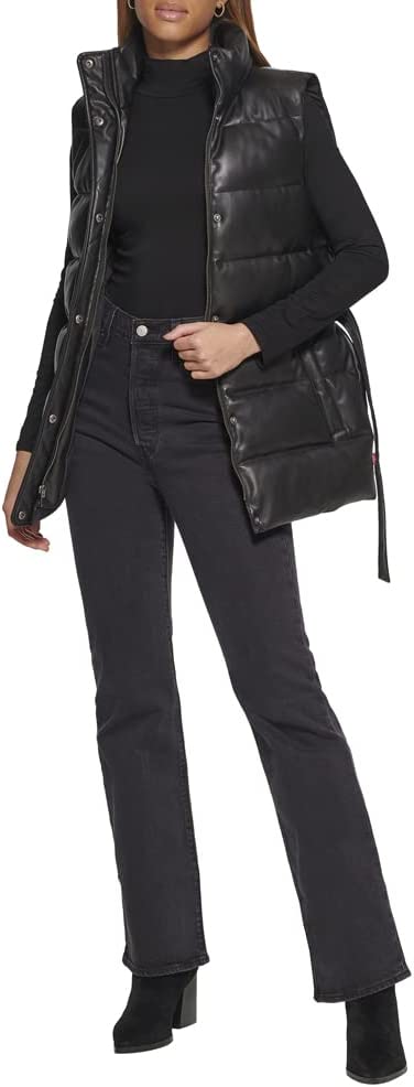 Women's Puffer Leather Vest in Black with Belt