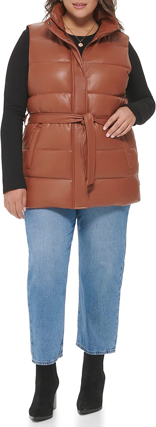 Women's Chocolate Brown Puffer Leather Vest with Belt