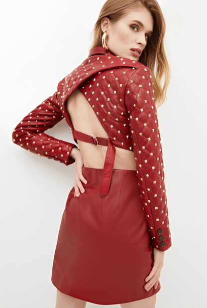 Women's Quilted Studded Leather Blazer in Red: Stylish Outerwear