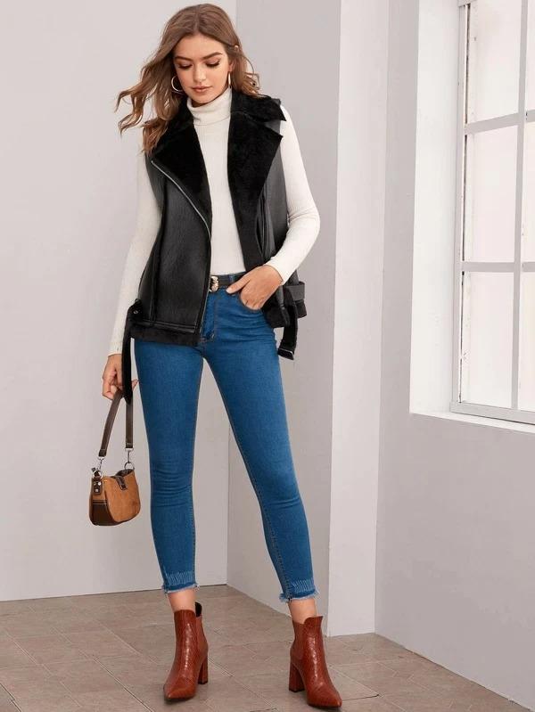 Women's Black Shearling Biker Leather Vest - Stylish & War