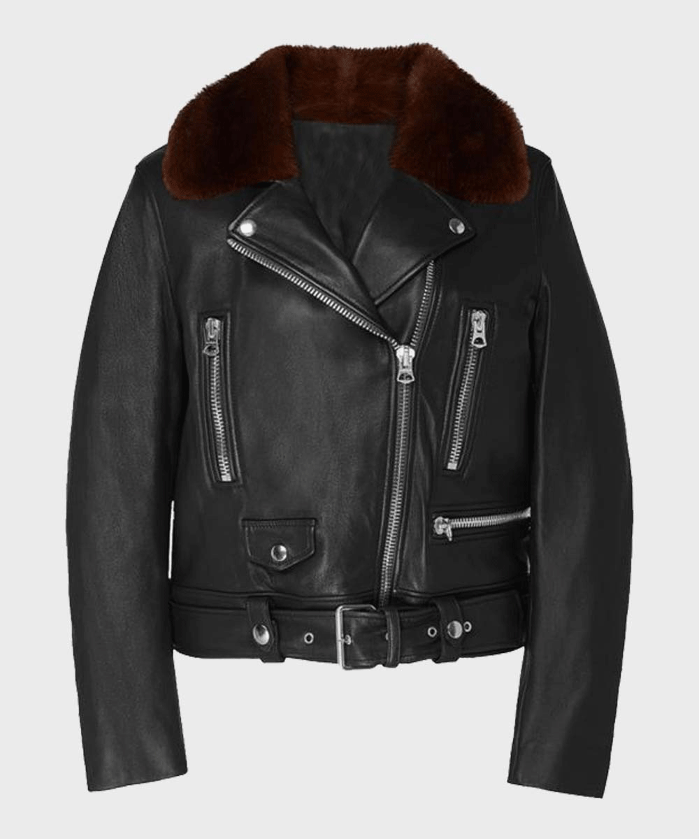 Edgy Womens Shearling Black Motorcycle Leather Jacket with Zipper Details