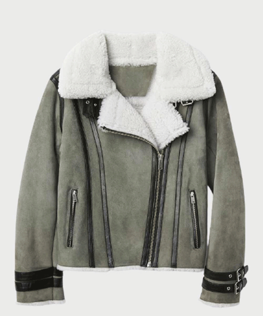 Chic Womens Shearling Grey Leather Jacket with Fur Collar