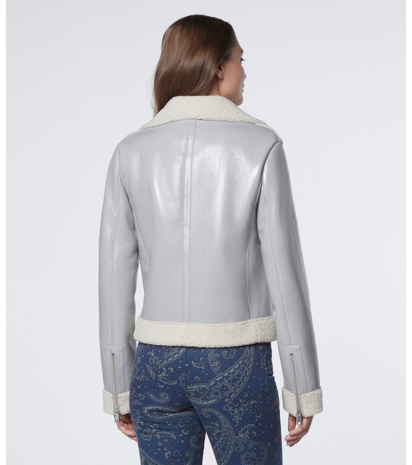 Women's Shearling Leather Biker Jacket in Pearl Blue - Elegant & Warm