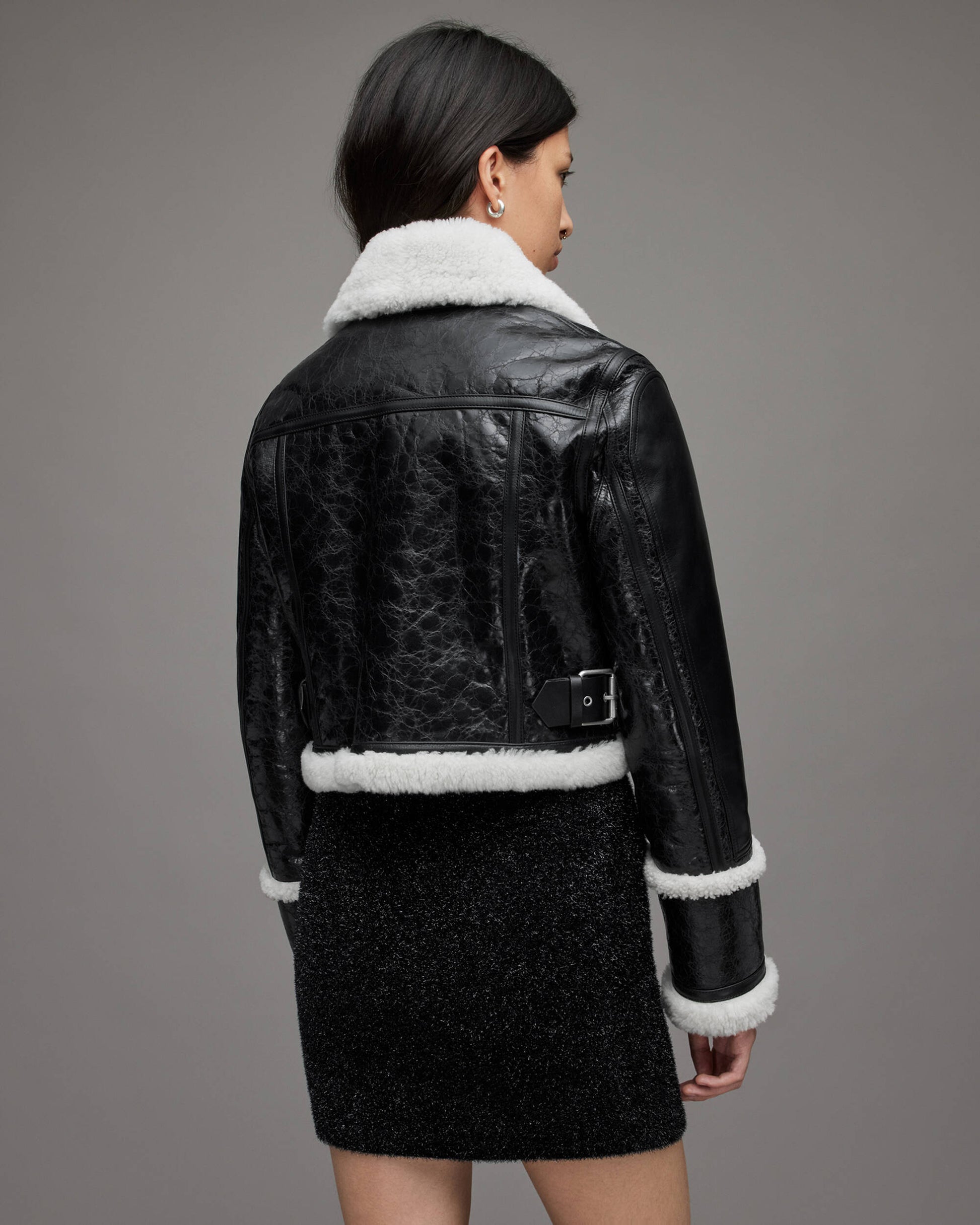 Women's Shearling Leather Jacket In Black With Crackle Texture