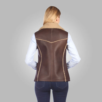 Women's Shearling Leather Vest In Chocolate Brown