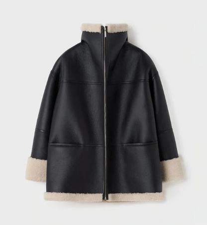 Women's Sheepskin Bomber Leather Jacket In Black