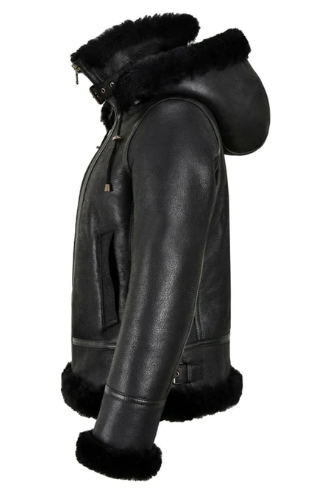  Women's Black Sheepskin Bomber Leather Jacket With Hood