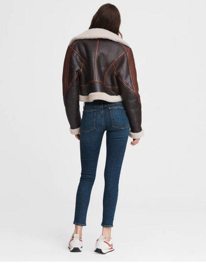 Women's Sheepskin Leather Jacket In Dark Brown With Oversized Collar