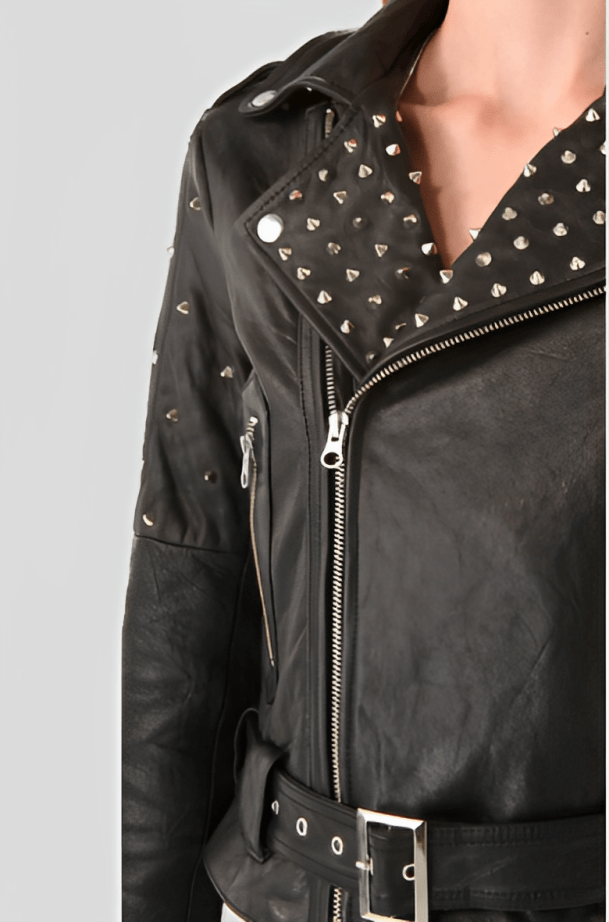 Women's Studded Biker Leather Jacket in Black - Edgy & Chic