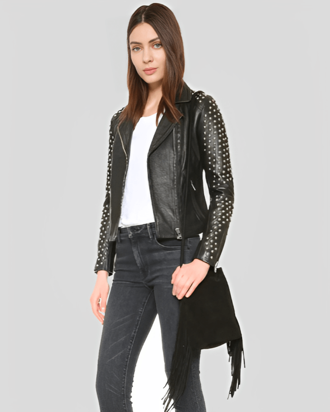 Women's Studded Black Leather Biker Jacket - Edgy & Chic