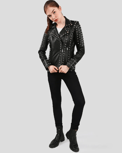 Women's Studded Leather Biker Jacket in Black - Edgy & Chic