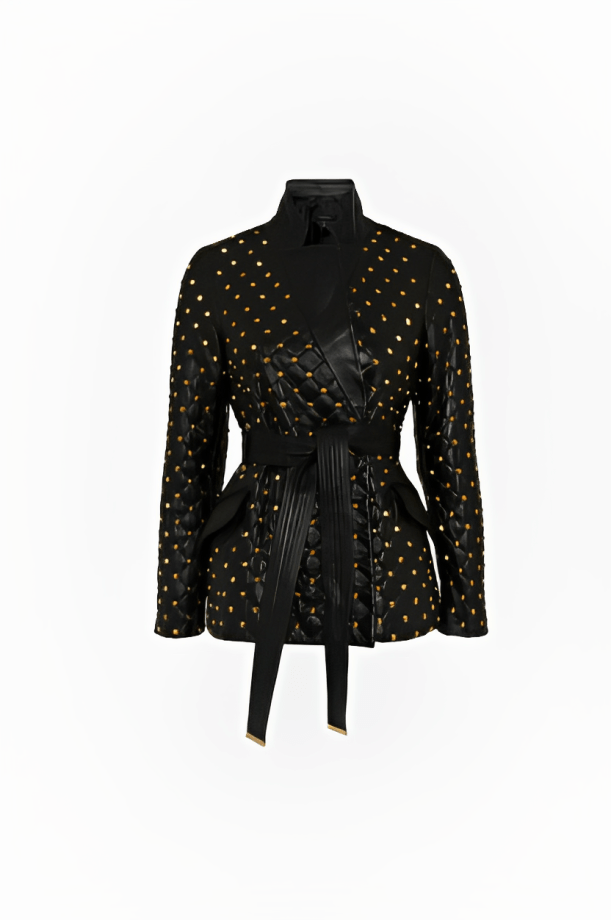 Women's Gold Studded Leather Blazer in Black - Fashionable Outerwear