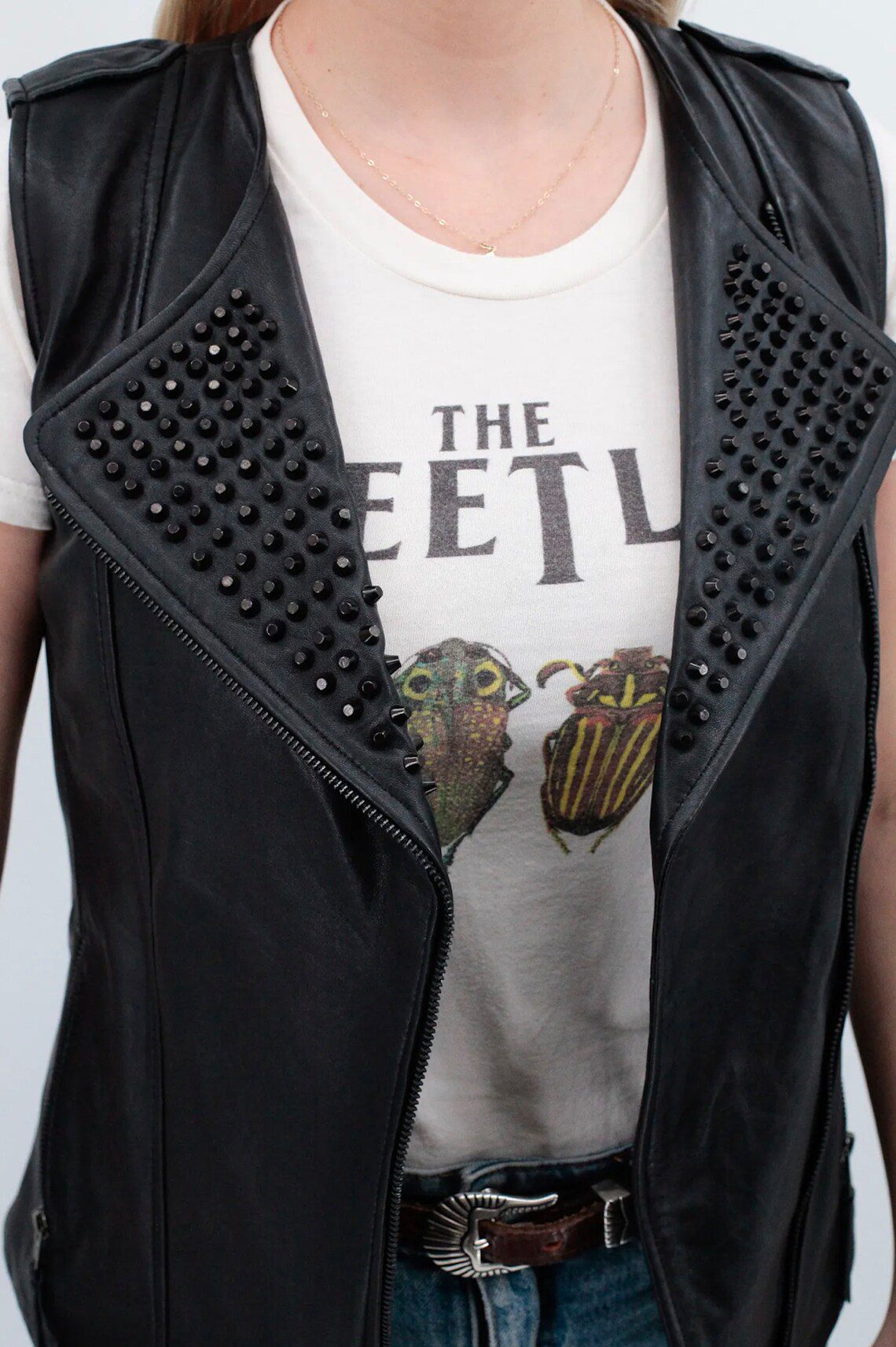 Edgy Women's Black Studded Leather Vest with Zip Closure