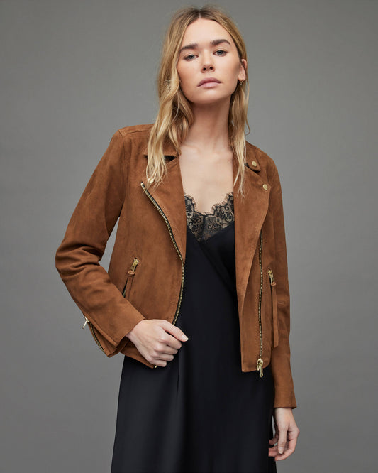 Stylish Women's Tan Brown Suede Leather Biker Jacket