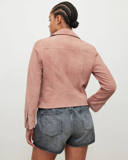 Women's Pink Suede Leather Biker Jacket