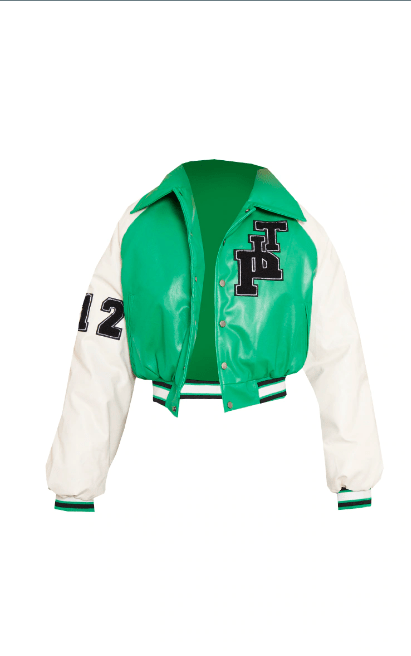 Women's Varsity Bomber Leather Jacket with Green & White Sleeves