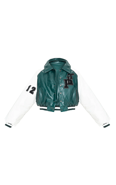 Women's Varsity Bomber Leather Jacket with Sea Green & White Sleeves