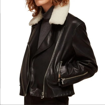 stylish Women's White Sheepskin Fur Biker Leather Jacket, Black Outerwear