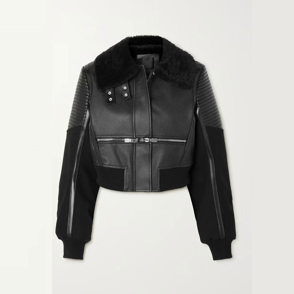 Women Black Shearling-trimmed textured-leather bomber jacket