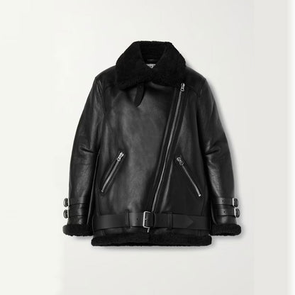 Black RAF B3 Trimmed Sheepskin Shearling Leather Biker Jacket