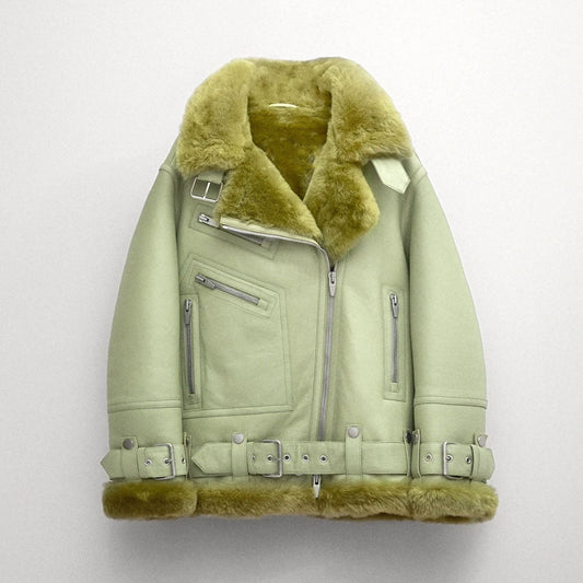  Women's Light Green Aviator Styled Sheepskin Shearling Leather Jacket