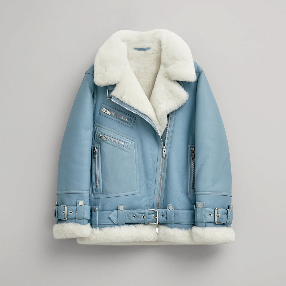 Women's Light Blue B3 RAF Aviator Styled Sheepskin Shearling Leather Jacket