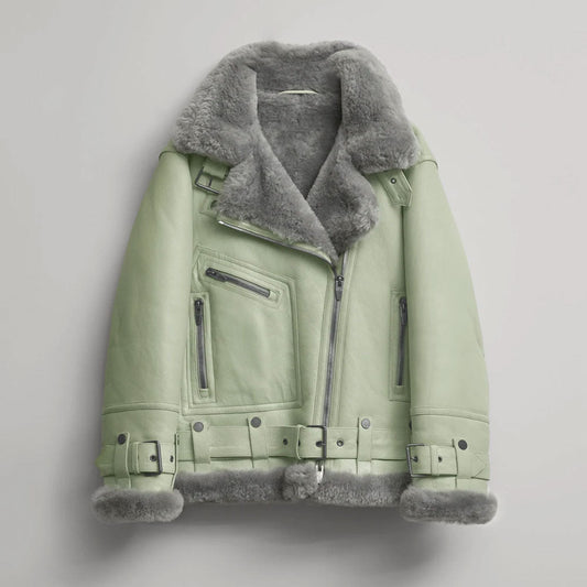 Women's Green Aviator RAF Sheepskin Shearling Leather Jacket