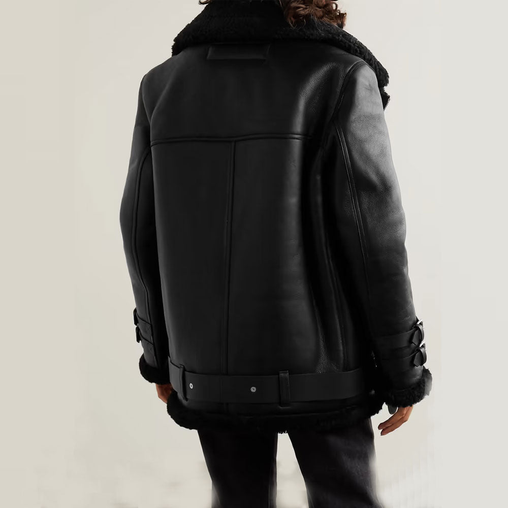 Black RAF B3 Trimmed Sheepskin Shearling Leather Biker Jacket