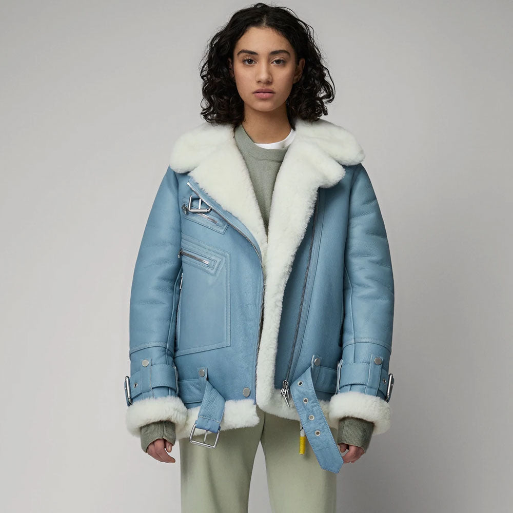 Women's Light Blue B3 RAF Aviator Styled Sheepskin Shearling Leather Jacket